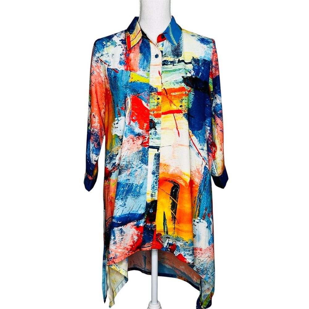 Lior Paris Rainbow Paint Stroke Abstract Blouse Hi-Lo Shark Bite Womens Size S